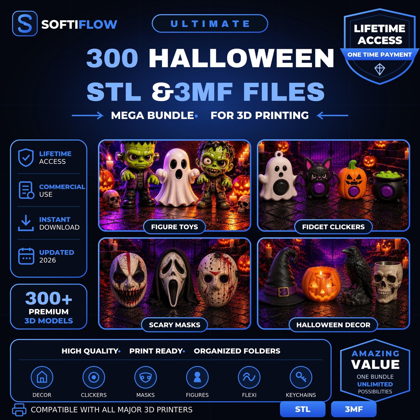 300 Halloween STL & 3MF Files Bundle