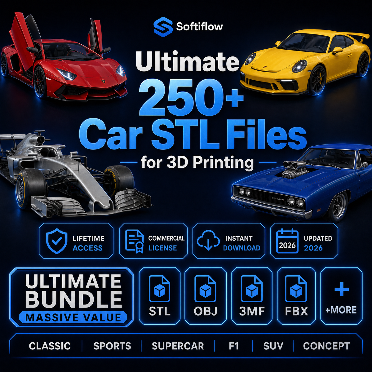 Paquete de más de 250 archivos STL premium de coches para impresión 3D – Colección de coches clásicos, deportivos y superdeportivos | Descarga instantánea