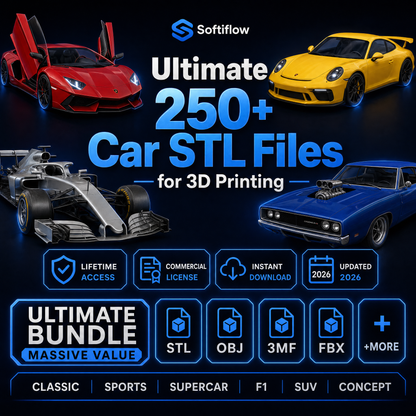 Paquete de más de 250 archivos STL premium de coches para impresión 3D – Colección de coches clásicos, deportivos y superdeportivos | Descarga instantánea