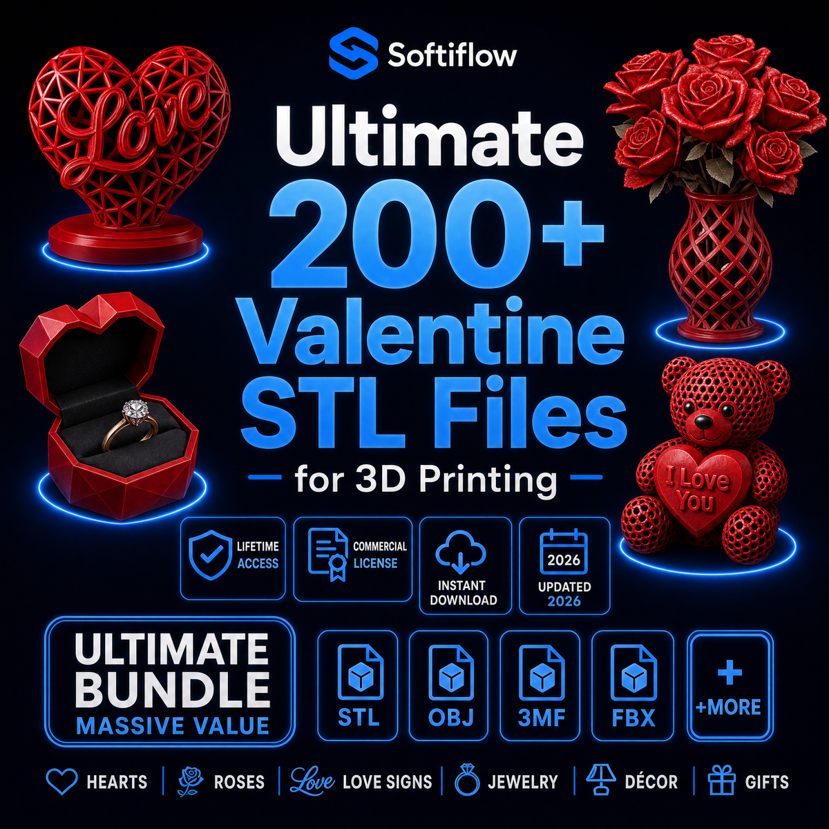 Lote STL de San Valentín: más de 200 archivos de impresión 3D para regalos, joyas y decoración, y mucho más | Descarga instantánea